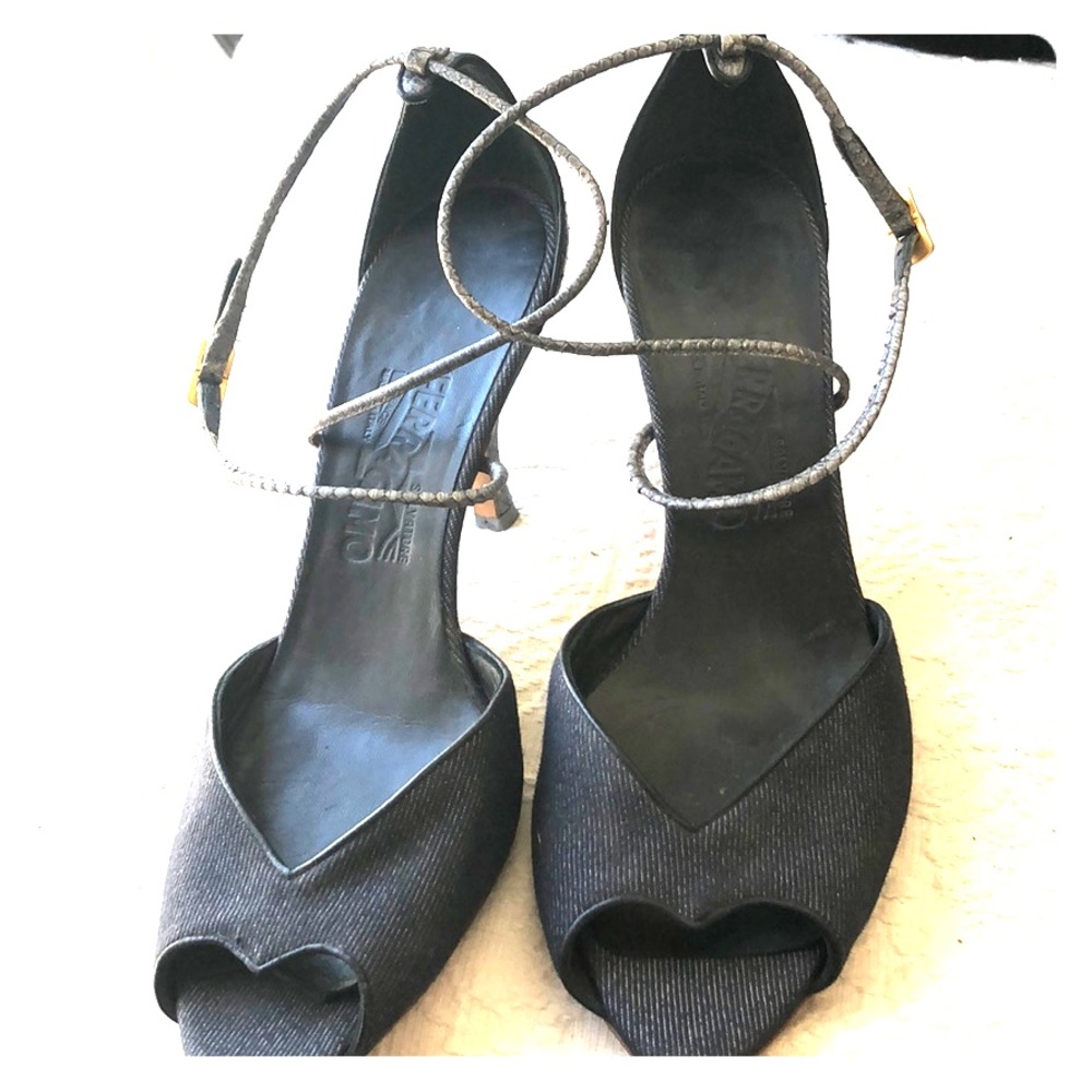 Ferragamo Denim and Pewter Snakeskin Sandals